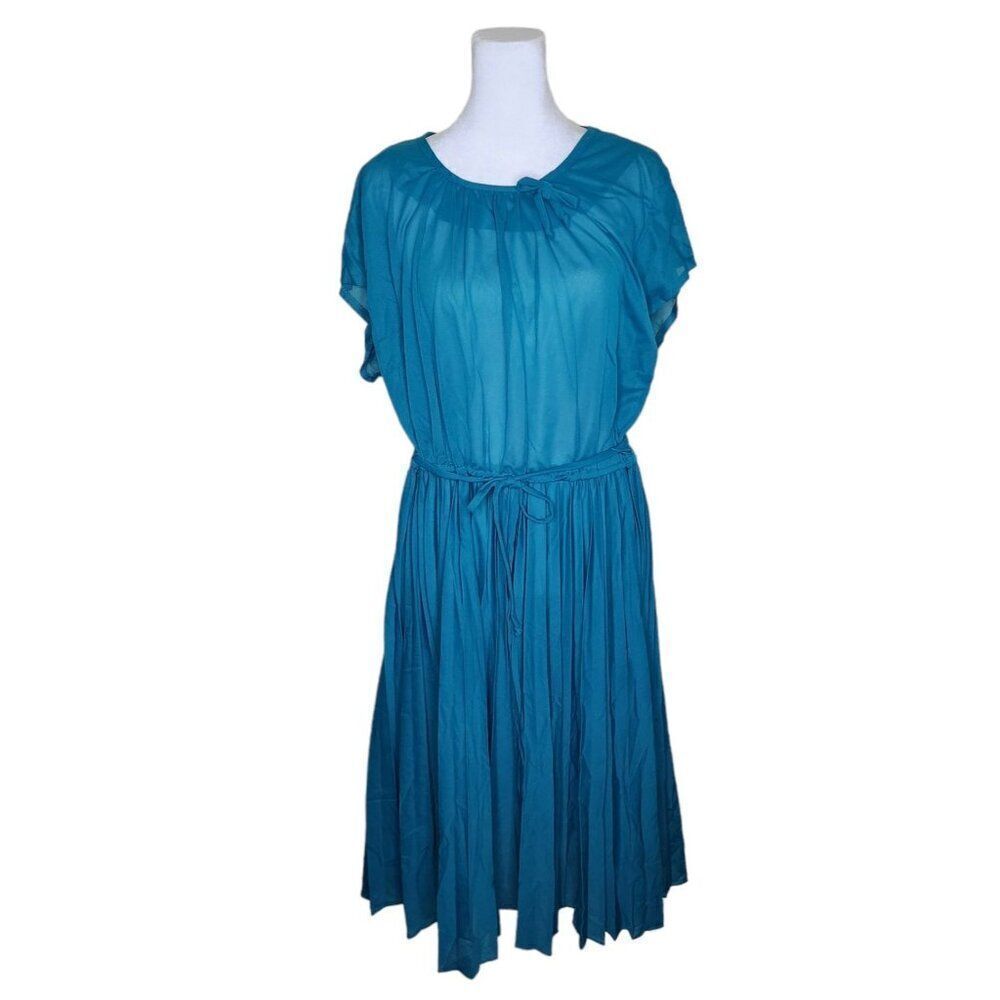 Vintage 70s 2 Pce Blouson Dress Wrap SetโWomens Plus Size 2XL Teal Blue